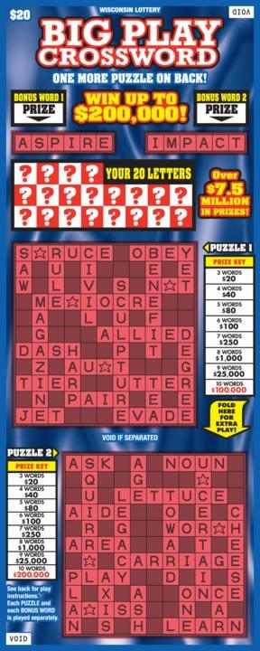 Big Play Crossword instant scratch ticket from Wisconsin Lottery - unscratched Big Play Crossword instant scratch ticket from Wisconsin Lottery - unscratched