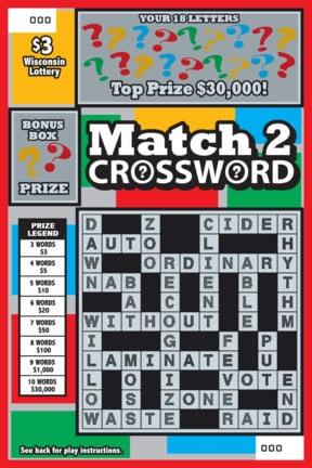 Match 2 Crossword instant scratch ticket from Wisconsin Lottery - unscratched Match 2 Crossword instant scratch ticket from Wisconsin Lottery - unscratched