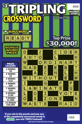 Tripling Crossword instant scratch ticket from Wisconsin Lottery - unscratched Tripling Crossword instant scratch ticket from Wisconsin Lottery - unscratched