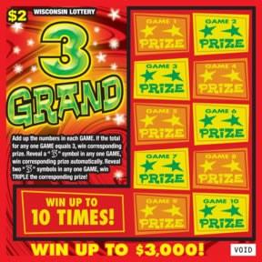 3 Grand instant scratch ticket from Wisconsin Lottery - unscratched