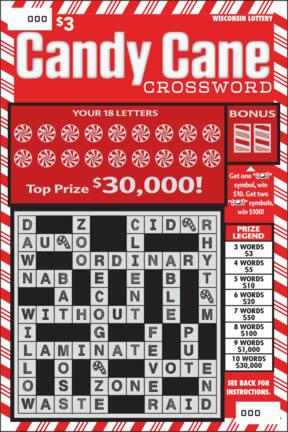 Candy Cane Crossword instant scratch ticket from Wisconsin Lottery - unscratched Candy Cane Crossword instant scratch ticket from Wisconsin Lottery - unscratched
