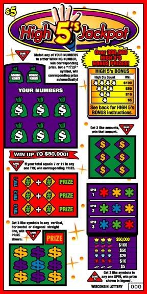 High 5's Jackpot instant scratch ticket from Wisconsin Lottery - unscratched High 5's Jackpot instant scratch ticket from Wisconsin Lottery - unscratched