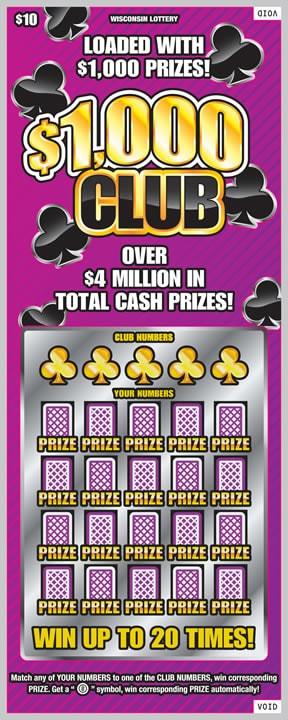 $1,000 Club instant scratch ticket from Wisconsin Lottery - unscratched