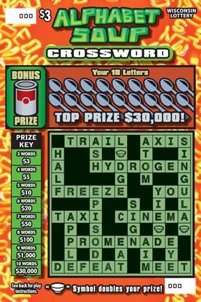 Alphabet Soup Crossword instant scratch ticket from Wisconsin Lottery - unscratched Alphabet Soup Crossword instant scratch ticket from Wisconsin Lottery - unscratched