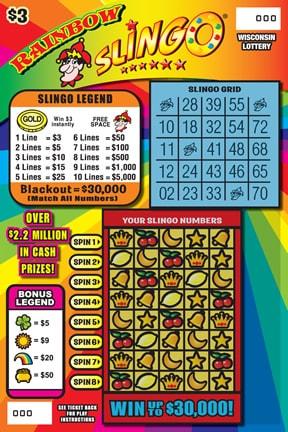 Rainbow Slingo instant scratch ticket from Wisconsin Lottery - unscratched Rainbow Slingo instant scratch ticket from Wisconsin Lottery - unscratched