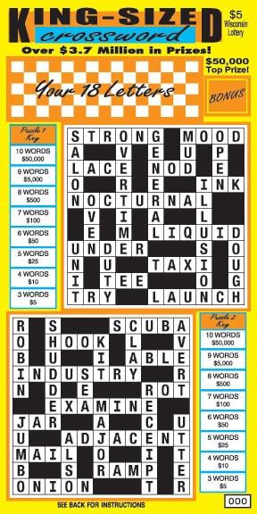King-Sized Crossword instant scratch ticket from Wisconsin Lottery - unscratched King-Sized Crossword instant scratch ticket from Wisconsin Lottery - unscratched