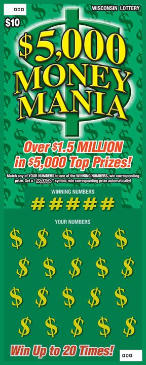 $5,000 Money Mania instant scratch ticket from Wisconsin Lottery - unscratched $5,000 Money Mania instant scratch ticket from Wisconsin Lottery - unscratched