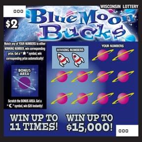Blue Moon Bucks instant scratch ticket from Wisconsin Lottery - unscratched Blue Moon Bucks instant scratch ticket from Wisconsin Lottery - unscratched