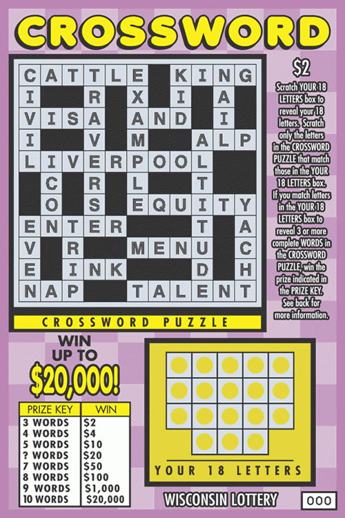 Crossword instant scratch ticket from Wisconsin Lottery - unscratched