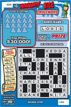 Naughty or Nice Crossword instant scratch ticket from Wisconsin Lottery - unscratched Naughty or Nice Crossword instant scratch ticket from Wisconsin Lottery - unscratched