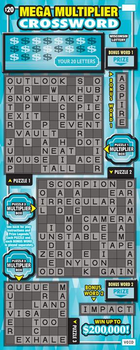 Mega Multiplier Crossword instant scratch ticket from Wisconsin Lottery - unscratched Mega Multiplier Crossword instant scratch ticket from Wisconsin Lottery - unscratched