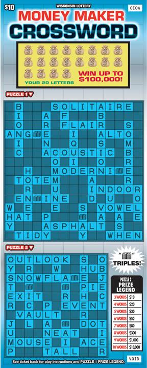 Money Maker Crossword instant scratch ticket from Wisconsin Lottery - unscratched Money Maker Crossword instant scratch ticket from Wisconsin Lottery - unscratched