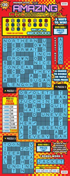 The Amazing Crossword instant scratch ticket from Wisconsin Lottery - unscratched The Amazing Crossword instant scratch ticket from Wisconsin Lottery - unscratched