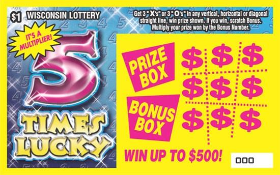 5 Times Lucky instant scratch ticket from Wisconsin Lottery - unscratched 5 Times Lucky instant scratch ticket from Wisconsin Lottery - unscratched