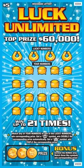 Luck Unlimited instant scratch ticket from Wisconsin Lottery - unscratched Luck Unlimited instant scratch ticket from Wisconsin Lottery - unscratched