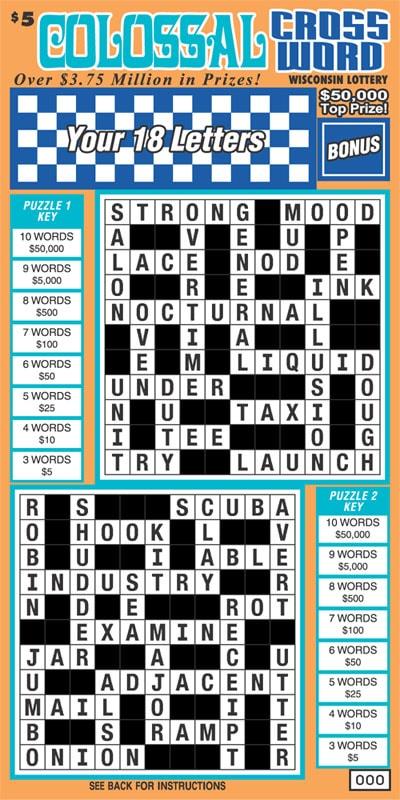 Colossal Crossword instant scratch ticket from Wisconsin Lottery - unscratched Colossal Crossword instant scratch ticket from Wisconsin Lottery - unscratched