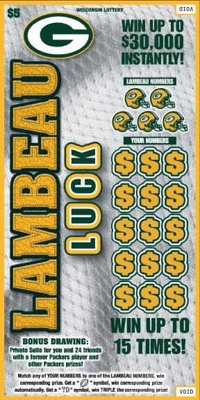 Lambeau Luck instant scratch ticket from Wisconsin Lottery - unscratched Lambeau Luck instant scratch ticket from Wisconsin Lottery - unscratched