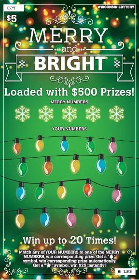 Merry and Bright instant scratch ticket from Wisconsin Lottery - unscratched Merry and Bright instant scratch ticket from Wisconsin Lottery - unscratched
