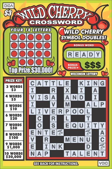 Wild Cherry Crossword instant scratch ticket from Wisconsin Lottery - unscratched Wild Cherry Crossword instant scratch ticket from Wisconsin Lottery - unscratched