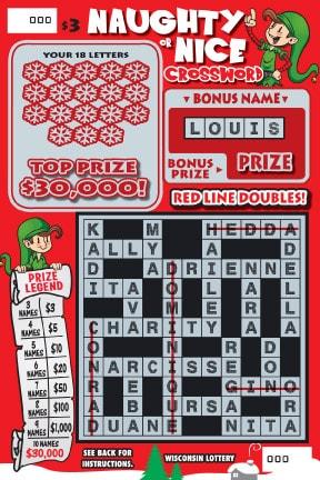 Naughty or Nice Crossword instant scratch ticket from Wisconsin Lottery - unscratched Naughty or Nice Crossword instant scratch ticket from Wisconsin Lottery - unscratched