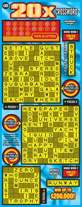 20X Crossword instant scratch ticket from Wisconsin Lottery - unscratched