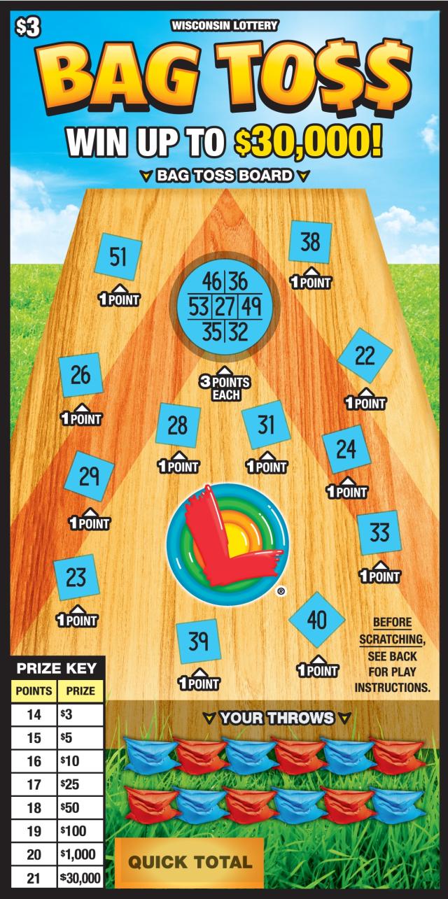 Bag Toss instant scratch ticket from Wisconsin Lottery - unscratched Bag Toss instant scratch ticket from Wisconsin Lottery - unscratched