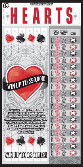 Hearts instant scratch ticket from Wisconsin Lottery - unscratched Hearts instant scratch ticket from Wisconsin Lottery - unscratched