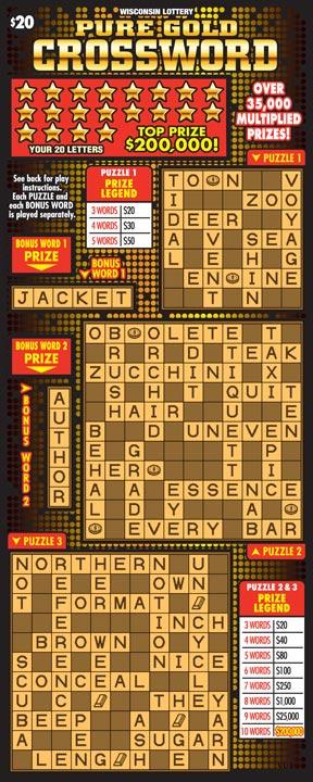 Pure Gold Crossword instant scratch ticket from Wisconsin Lottery - unscratched Pure Gold Crossword instant scratch ticket from Wisconsin Lottery - unscratched