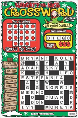 Naughty or Nice Crossword instant scratch ticket from Wisconsin Lottery - unscratched Naughty or Nice Crossword instant scratch ticket from Wisconsin Lottery - unscratched