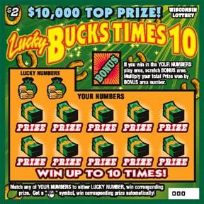 Lucky Bucks Times 10 instant scratch ticket from Wisconsin Lottery - unscratched Lucky Bucks Times 10 instant scratch ticket from Wisconsin Lottery - unscratched