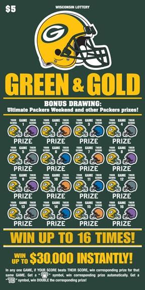 Green and Gold instant scratch ticket from Wisconsin Lottery - unscratched Green and Gold instant scratch ticket from Wisconsin Lottery - unscratched