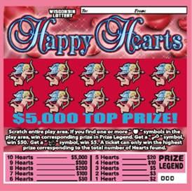 Happy Hearts instant scratch ticket from Wisconsin Lottery - unscratched Happy Hearts instant scratch ticket from Wisconsin Lottery - unscratched