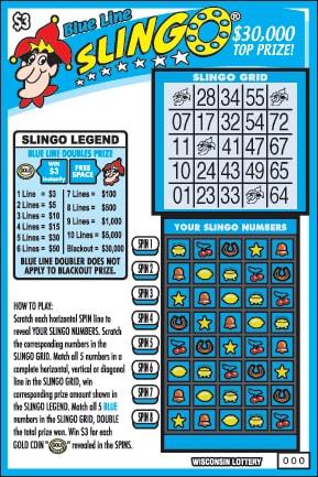 Blue Line Slingo instant scratch ticket from Wisconsin Lottery - unscratched Blue Line Slingo instant scratch ticket from Wisconsin Lottery - unscratched