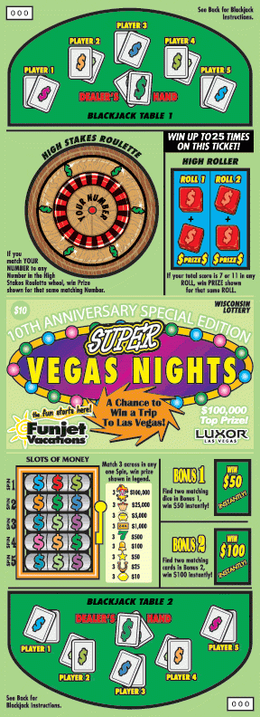 Super Vegas Nights instant scratch ticket from Wisconsin Lottery - unscratched Super Vegas Nights instant scratch ticket from Wisconsin Lottery - unscratched