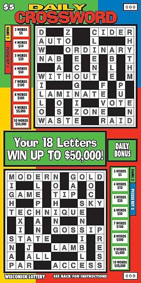 Daily Crossword instant scratch ticket from Wisconsin Lottery - unscratched Daily Crossword instant scratch ticket from Wisconsin Lottery - unscratched