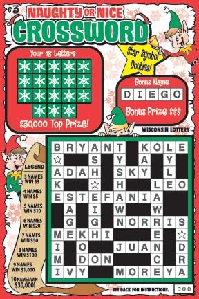 Naughty or Nice Crossword instant scratch ticket from Wisconsin Lottery - unscratched