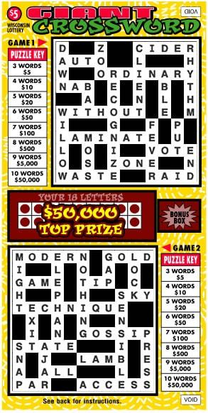 Giant Crossword instant scratch ticket from Wisconsin Lottery - unscratched