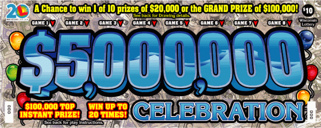 5 Million Dollar Celebration instant scratch ticket from Wisconsin Lottery - unscratched