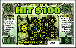 Hit $100 instant scratch ticket from Wisconsin Lottery - unscratched