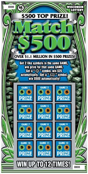 Match $500 instant scratch ticket from Wisconsin Lottery - unscratched