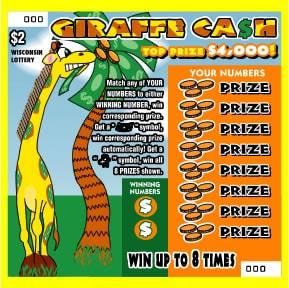 Giraffe Cash instant scratch ticket from Wisconsin Lottery - unscratched