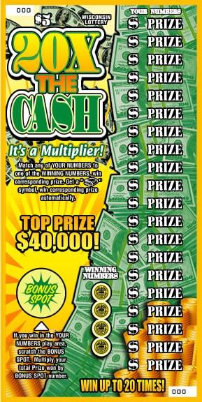 20X the Cash instant scratch ticket from Wisconsin Lottery - unscratched