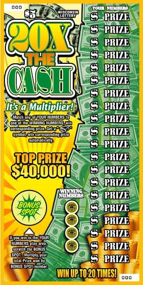 20X the Cash instant scratch game 20X the Cash instant scratch ticket from Wisconsin Lottery - unscratched