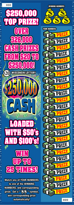 $250,000 Cash instant scratch ticket from Wisconsin Lottery - unscratched