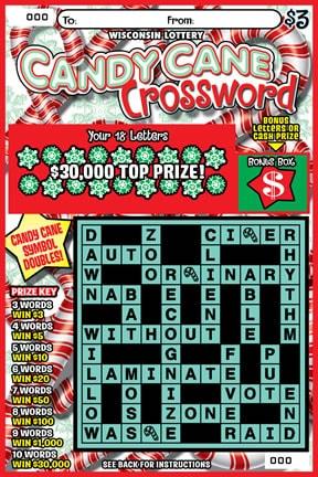 Candy Cane Crossword instant scratch ticket from Wisconsin Lottery - unscratched