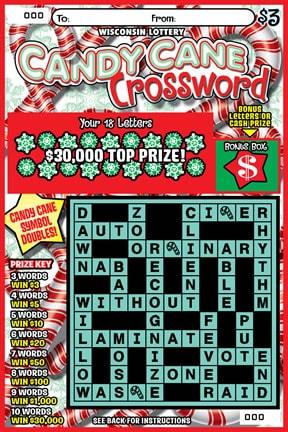 Candy Cane Crossword instant scratch game Candy Cane Crossword instant scratch ticket from Wisconsin Lottery - unscratched