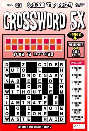 Crossword 5X instant scratch ticket from Wisconsin Lottery - unscratched