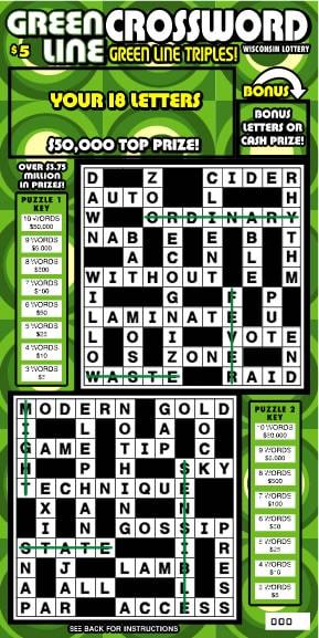 Green Line Crossword instant scratch ticket from Wisconsin Lottery - unscratched