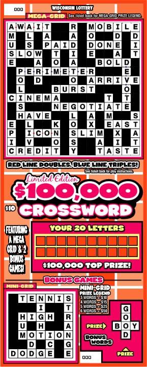 $100,000 Crossword instant scratch ticket from Wisconsin Lottery - unscratched