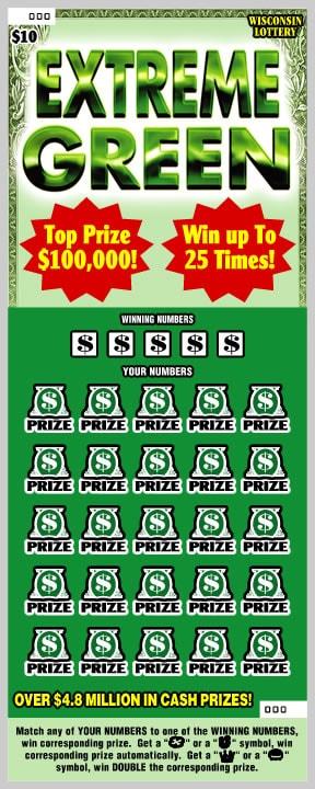 Extreme Green instant scratch ticket from Wisconsin Lottery - unscratched